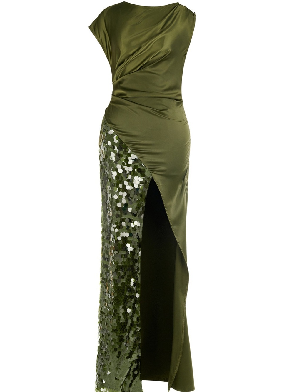 Violet Aurora Olive Green Sequin Satin High Slit Formal Gown Size L NWT - Picture 5 of 11